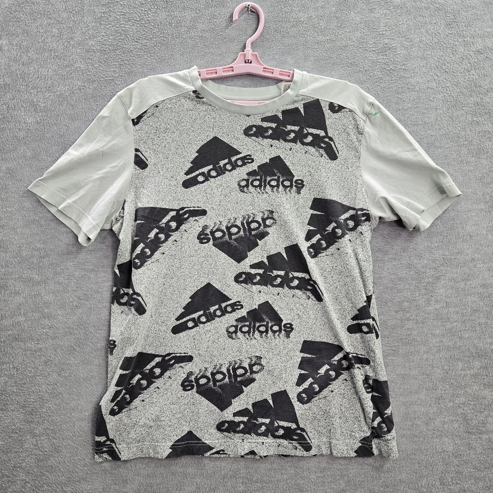 Adidas Men Shirt M Gray Graphic Print Short Sleeve Logo All Over Print